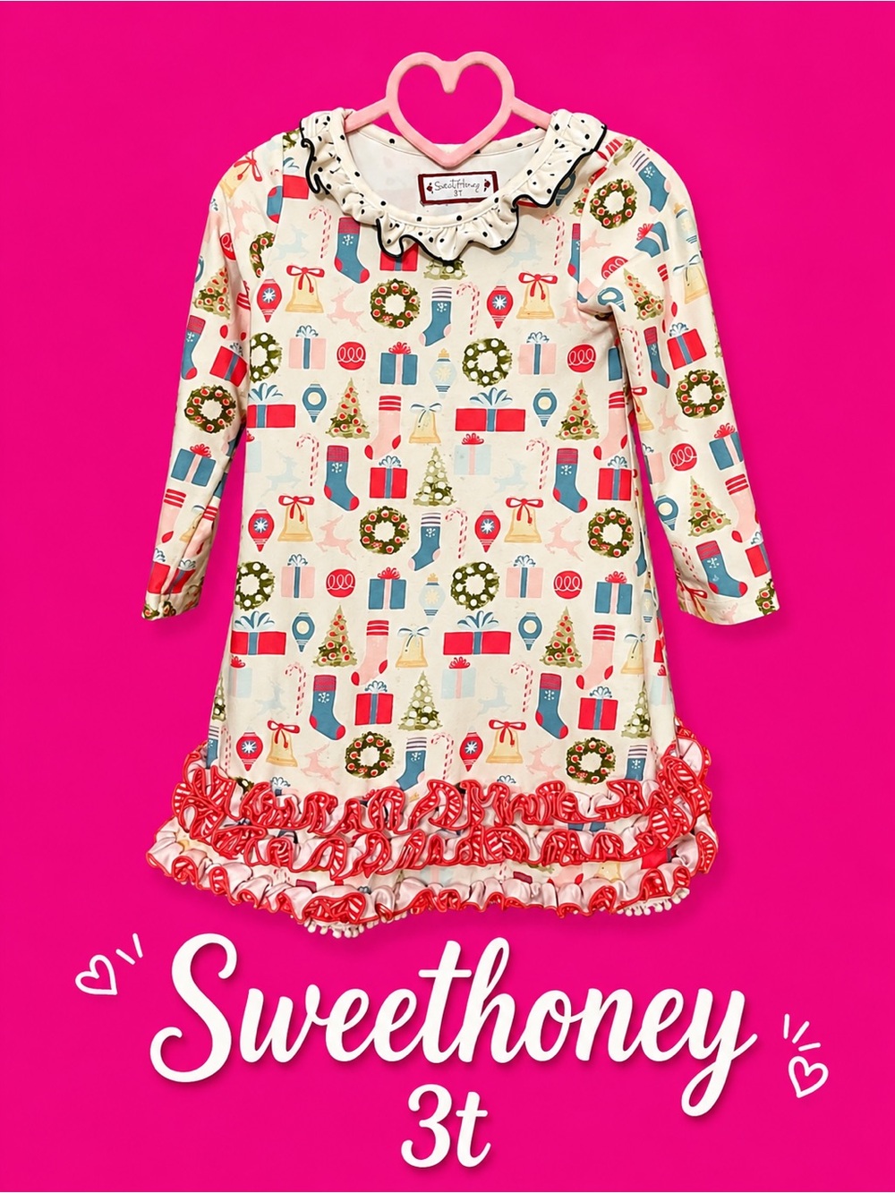 SweetHoney Cream Holiday lounge nightgown with Red Trim & Multicolor Print 3t
